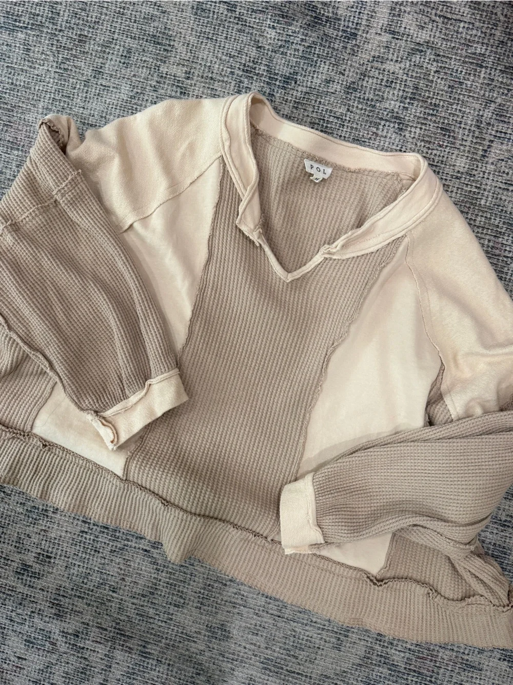POL | Waffle Patchwork V Neck Pullover- Oatmeal, Oversized Boho Fit